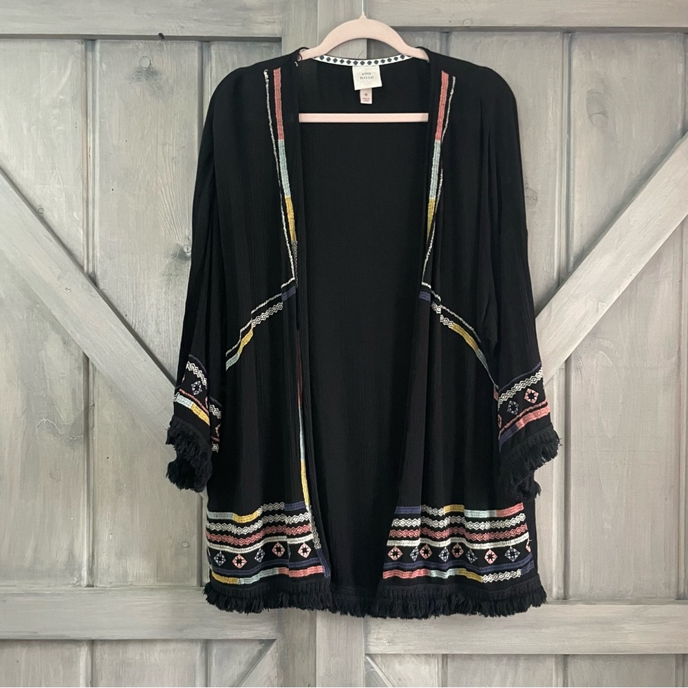Knox Rose Black Colorful Embroidered Boho Flowy Cardigan gauzy western Aztec M‎